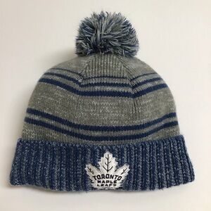 Toronto Maple Leafs NHL Hockey Gray Blue Knit Pom Beanie Skater Hat Fleece Lined